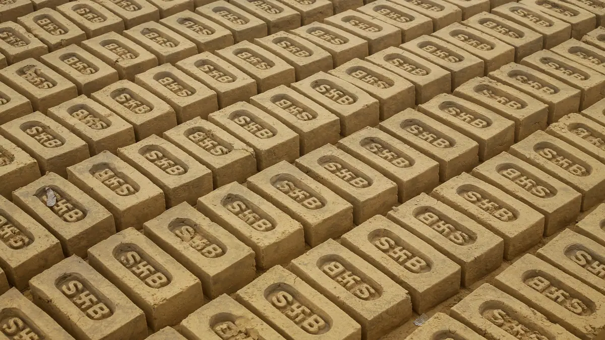Rows of fresh bricks drying at a brick kiln